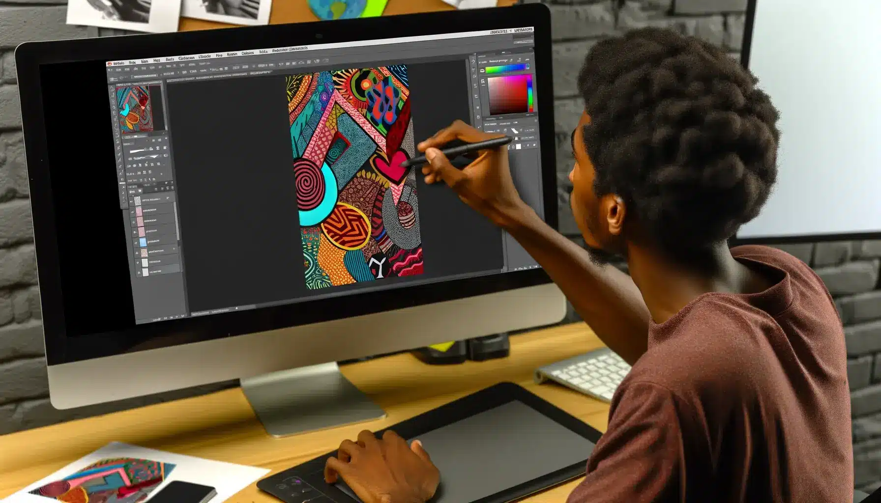 A young Black man uses the shape tool in Photoshop to create custom shapes for an intricate design on his computer.