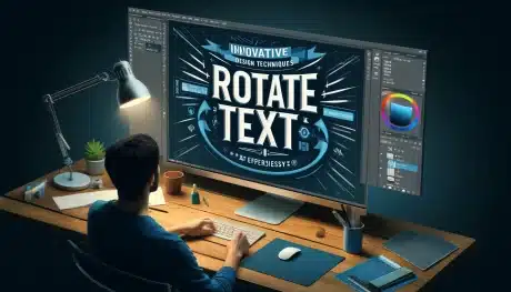 A graphic designer working at a desk, focusing on a computer screen displaying the text 'Rotate Text' in a stylish, rotated manner. The Photoshop workspace includes toolbars and layers panel in the background, with a professional color scheme featuring shades of blue and gray.