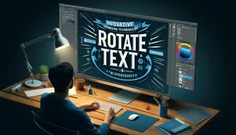 A graphic designer working at a desk, focusing on a computer screen displaying the text 'Rotate Text' in a stylish, rotated manner. The Photoshop workspace includes toolbars and layers panel in the background, with a professional color scheme featuring shades of blue and gray.