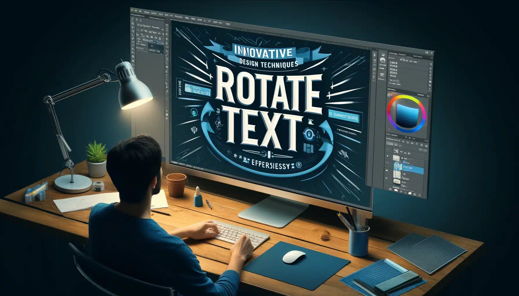 A graphic designer working at a desk, focusing on a computer screen displaying the text 'Rotate Text' in a stylish, rotated manner. The Photoshop workspace includes toolbars and layers panel in the background, with a professional color scheme featuring shades of blue and gray.