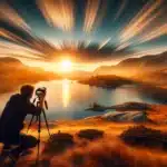 Person using a camera on a tripod to take a long exposure photograph of a serene lake during golden hour