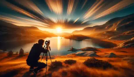 Person using a camera on a tripod to take a long exposure photograph of a serene lake during golden hour