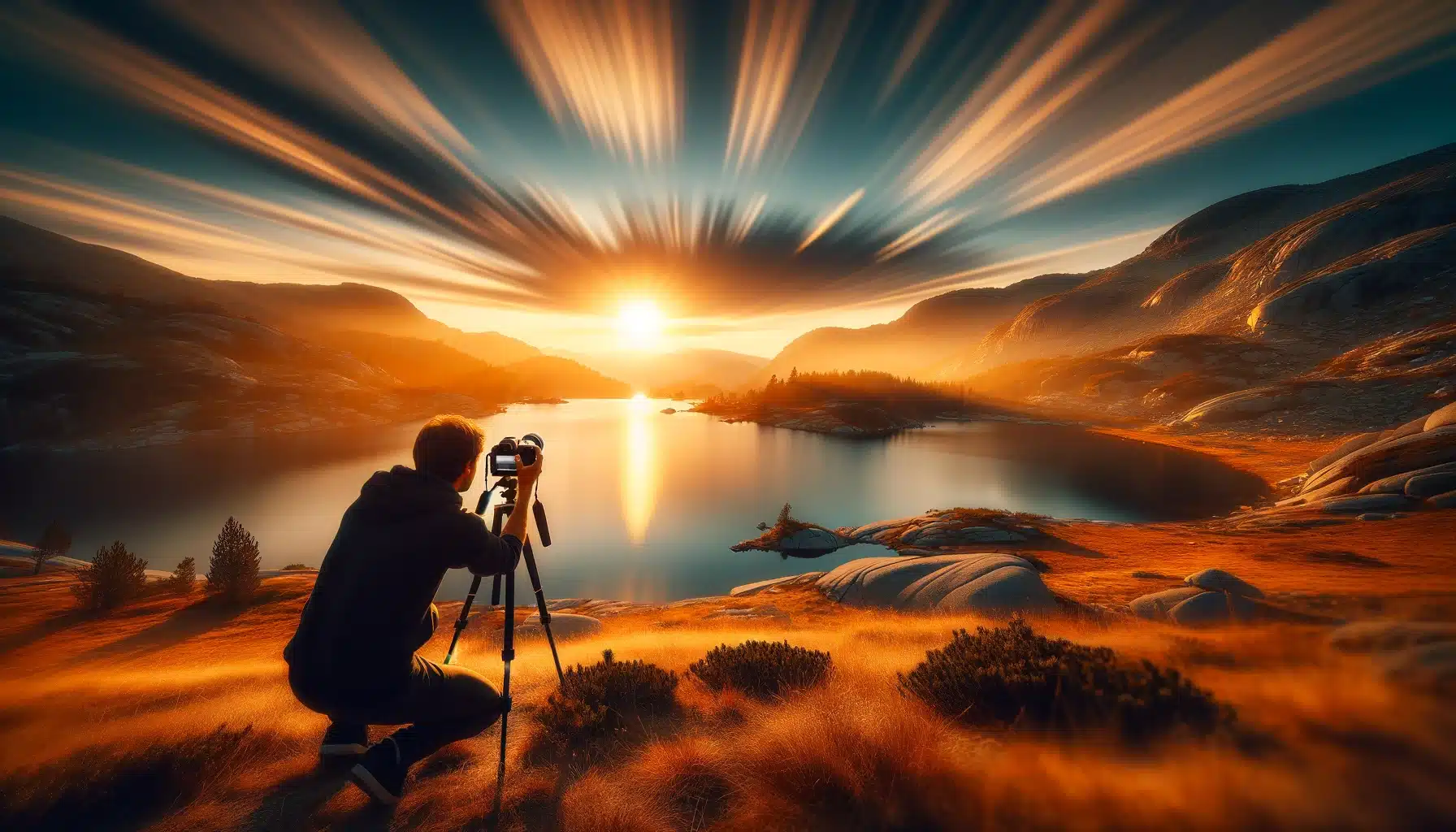 Person using a camera on a tripod to take a long exposure photograph of a serene lake during golden hour
