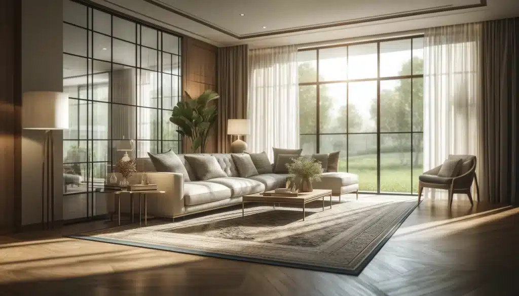 Luxurious and spacious living room with modern decor and ample natural light