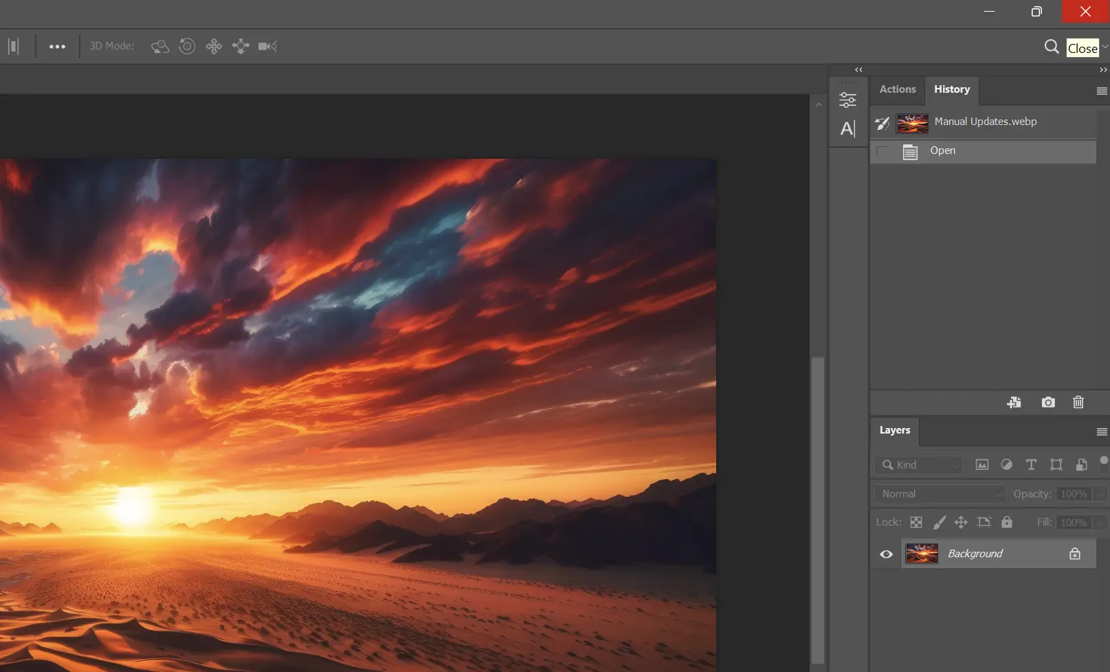 Screenshot of Adobe interface showing a dramatic desert sunset.