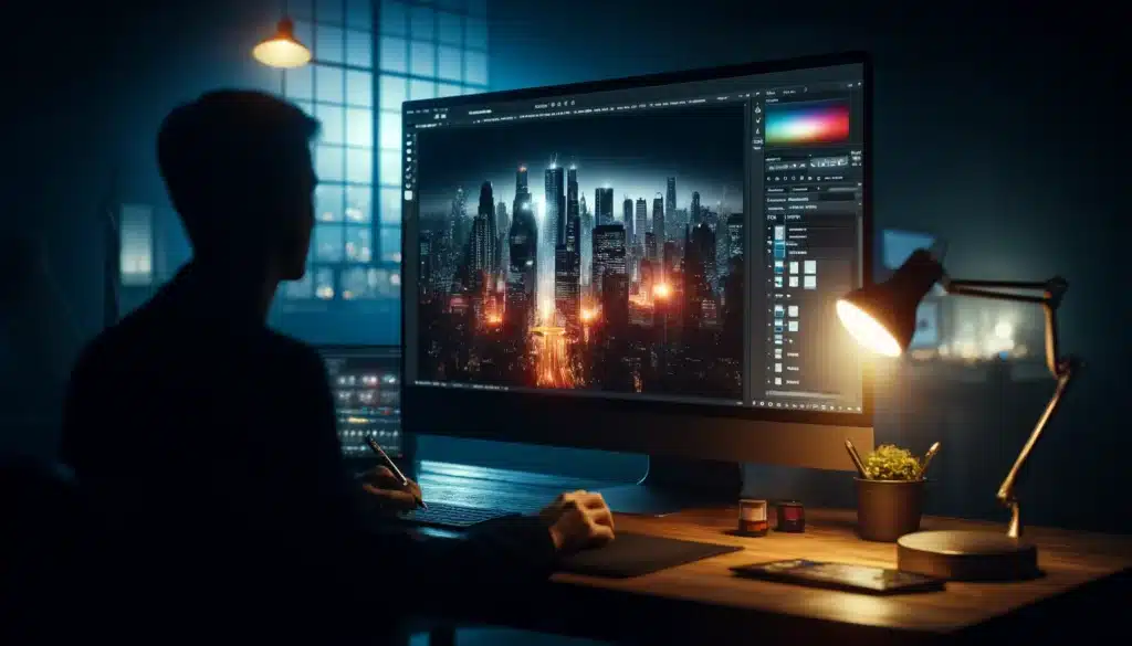 Professional artist adjusting lens flare on cityscape in Photoshop