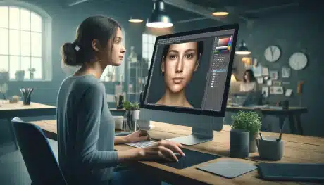 A female graphic designer working at a desk in an ambient studio setting, focusing on a computer screen displaying a photo of a person's face with noticeable blemishes in Photoshop. The Photoshop interface shows tools like the Spot Healing Brush Tool and the Layers panel.