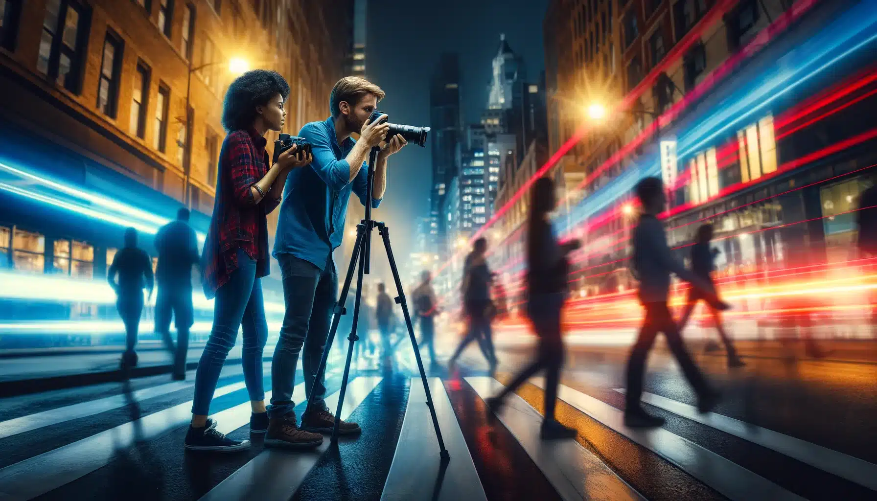 Two photographers using long exposure techniques to capture the dynamic movements of a busy city street at night, demonstrating the beauty of bulb mode photography.