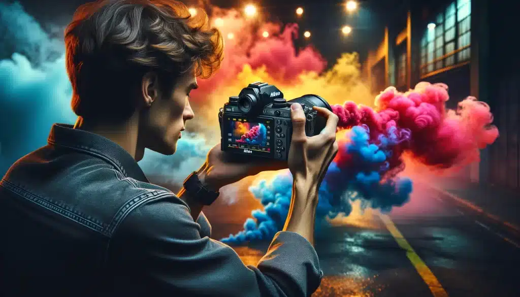 Photographer using Nikon Z8 to capture colors urban twilight