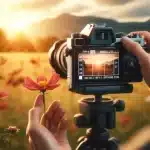 Professional photographer adjusting camera settings on tripod, focusing on a flower with blurred landscape background, demonstrating effects of focal length, aperture size, focus distance, and focal depth.