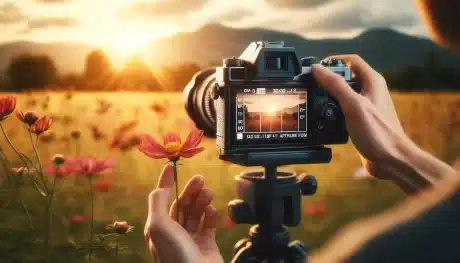 Professional photographer adjusting camera settings on tripod, focusing on a flower with blurred landscape background, demonstrating effects of focal length, aperture size, focus distance, and focal depth.