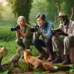 In a wildlife park, three photographers—a Caucasian woman, an African man, and an elderly Asian man—utilize various wildlife photography tools to observe and document animals like birds and foxes, showcasing practical techniques for enhanced field observations.