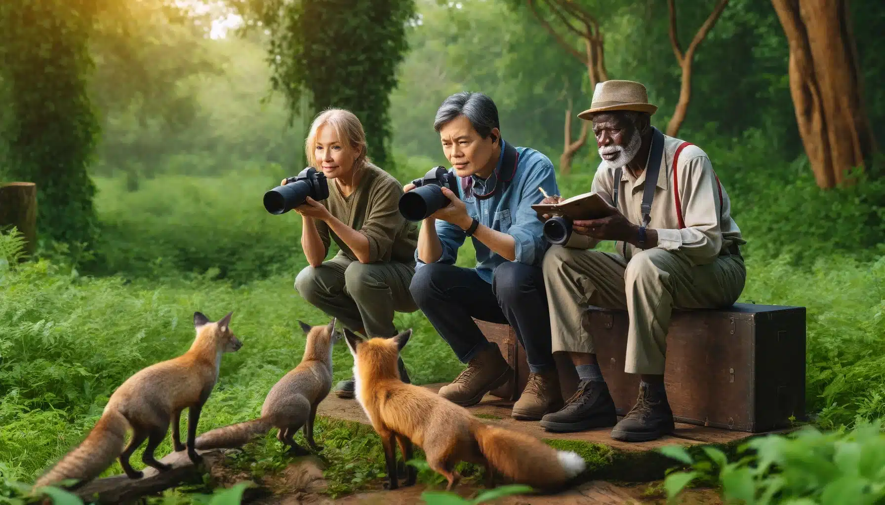 In a wildlife park, three photographers—a Caucasian woman, an African man, and an elderly Asian man—utilize various wildlife photography tools to observe and document animals like birds and foxes, showcasing practical techniques for enhanced field observations.