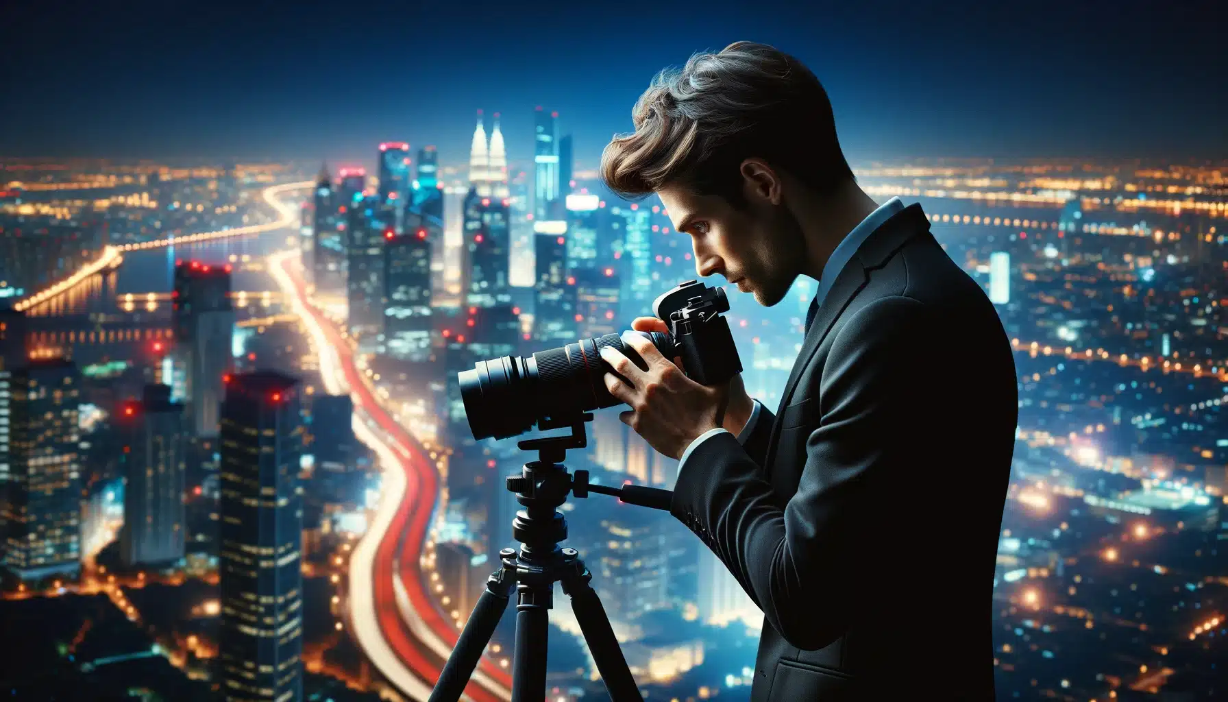 Professional photographer capturing a long exposure of city lights at night from a high viewpoint, using a tripod-mounted camera.