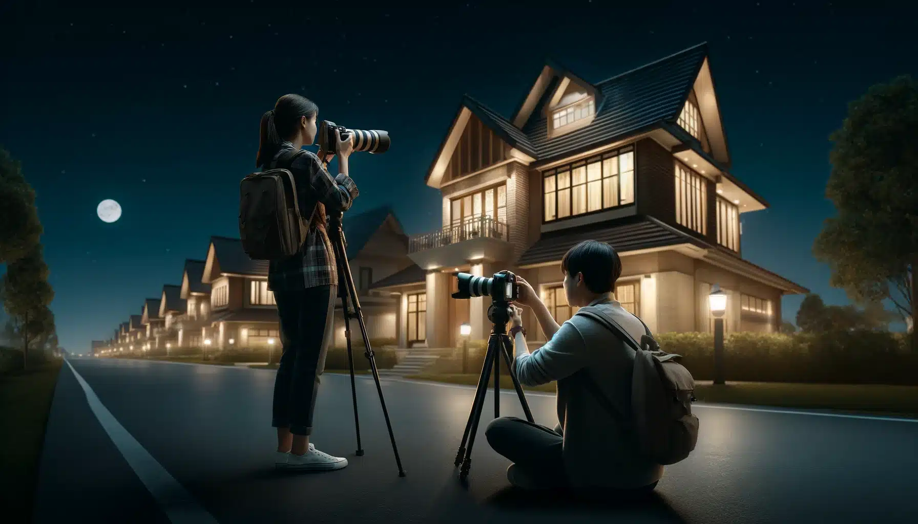 Two photographers capturing long exposure shots of beautifully lit suburban homes at night, under a starry sky.