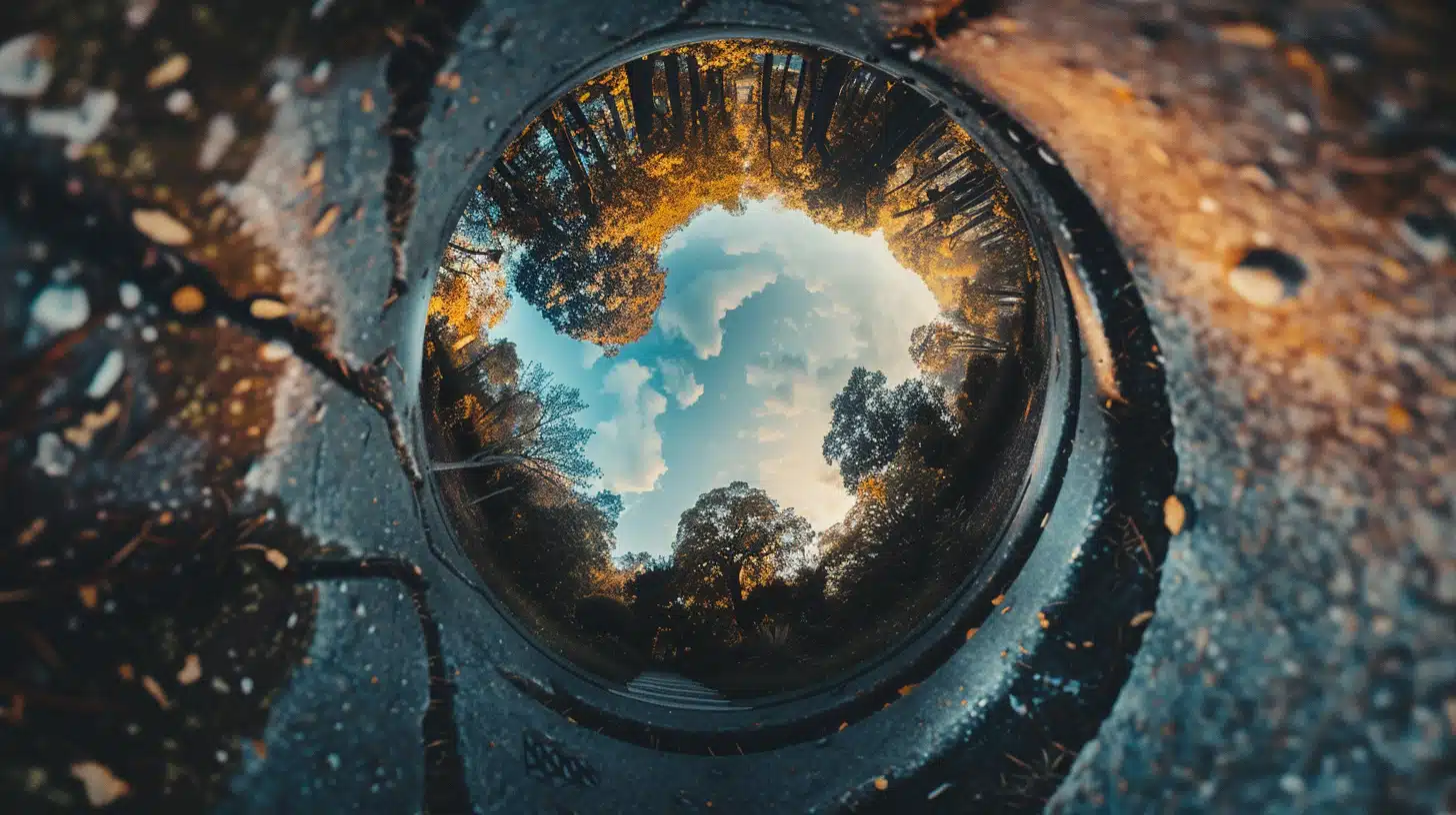 A screenshot of a photo editing software with a circular fisheye photograph of a forest through a drainpipe, emphasizing the photo editing tool 'Perspective Warp' highlighted in the menu.