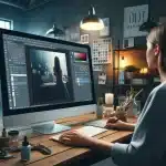 A female graphic designer working at a desk in an ambient studio setting, focusing on a computer screen displaying a photo being edited in Photoshop. Various tools like the Crop Tool, Spot Healing Brush Tool, and Layers panel are visible on the screen.