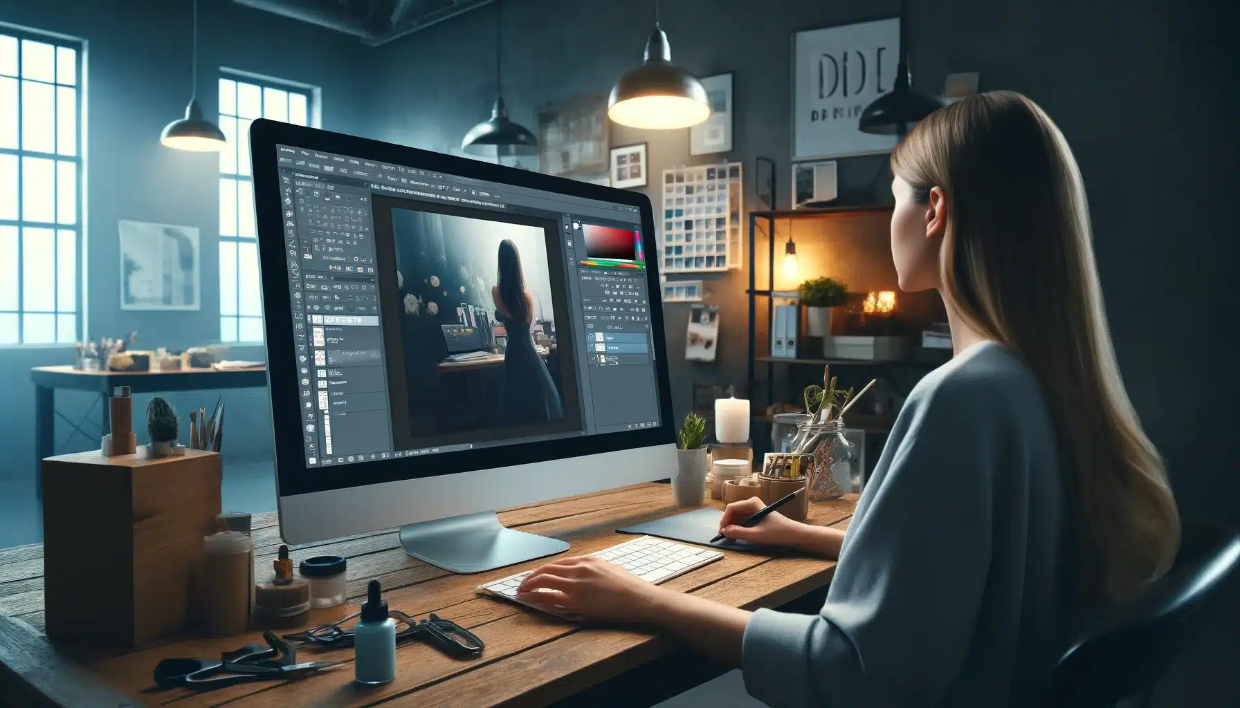 A female graphic designer working at a desk in an ambient studio setting, focusing on a computer screen displaying a photo being edited in Photoshop. Various tools like the Crop Tool, Spot Healing Brush Tool, and Layers panel are visible on the screen.