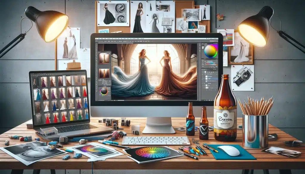 A graphic designer's workspace featuring a computer screen displaying Adobe Photoshop where the Warp Tool is used to adjust a fashion photograph and align a label on a product photo.