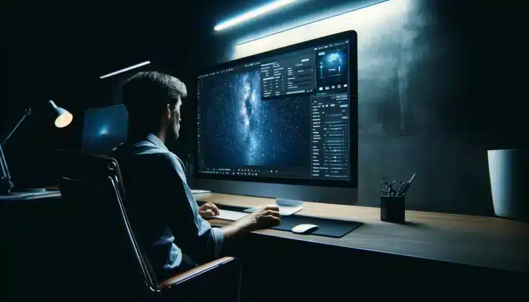 Astrophotography editor enhancing a night sky image on a desktop in a dimly lit office