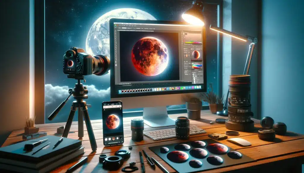 Photographer's workspace with DSLR on tripod and lunar eclipse on computer screen.