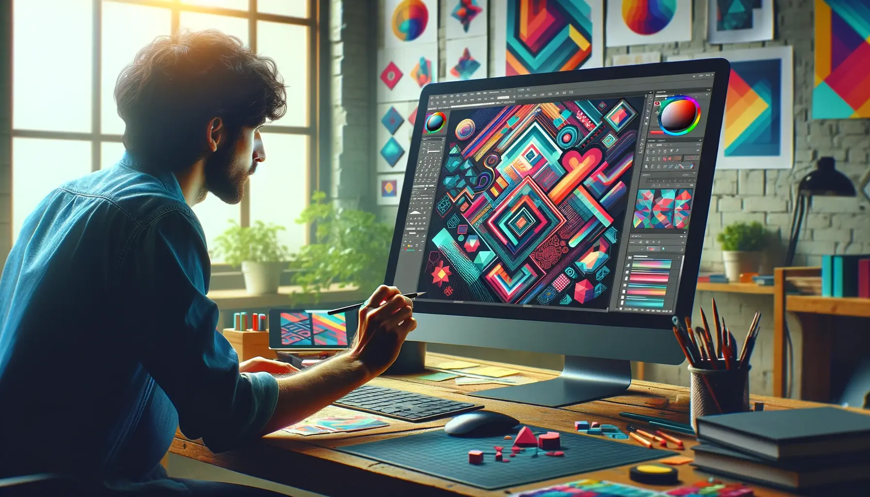 A digital artist uses the shape tool in Photoshop to manipulate shape layers on a computer, crafting complex designs in a vibrant workspace.