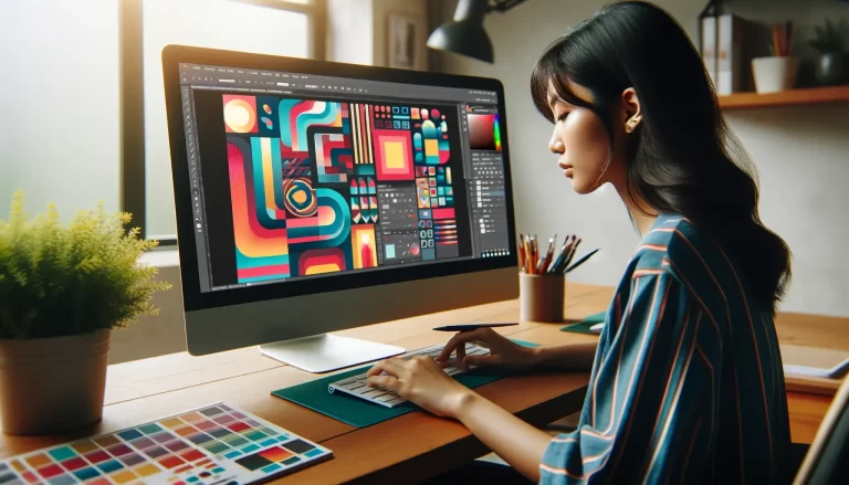 A young Asian woman using the tool in Photoshop on her computer to complete a colorful graphic design project.