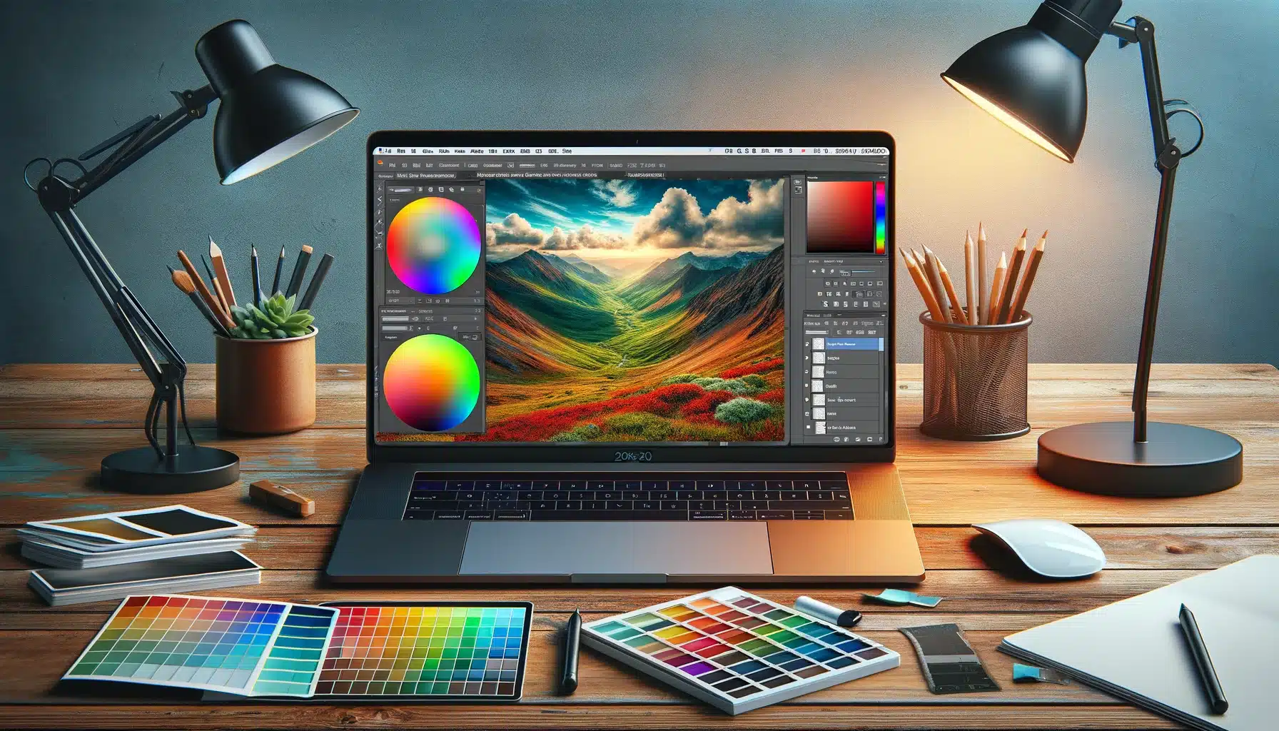A laptop on a wooden desk displaying an oversaturated landscape image open in Adobe Photoshop, with the color editing bars visible. The workspace includes lamps, a pencil holder, color palettes, and a plant.