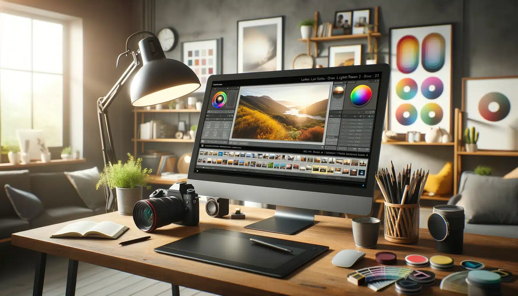 Modern desk setup with a high-resolution monitor displaying Adobe LR and PS interfaces, surrounded by photo editing tools and natural lighting.