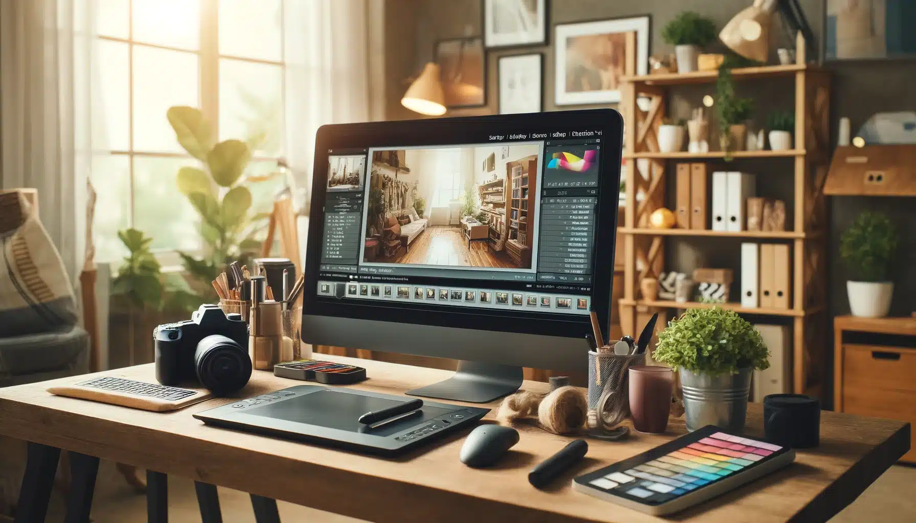 Modern desk setup with a high-resolution monitor displaying Lightroom interfaces, surrounded by photo editing tools and natural lighting.