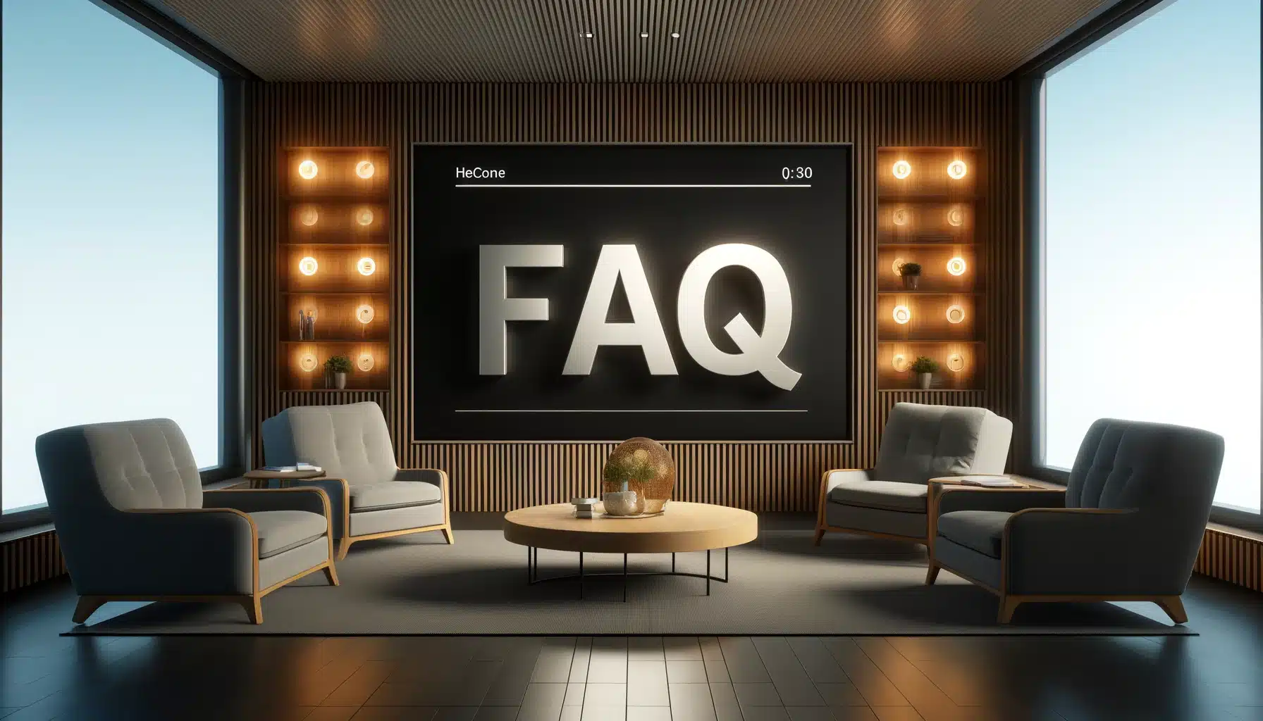 A modern media room with a large media wall displaying the word 'FAQ', comfortable seating, and ambient lighting.
