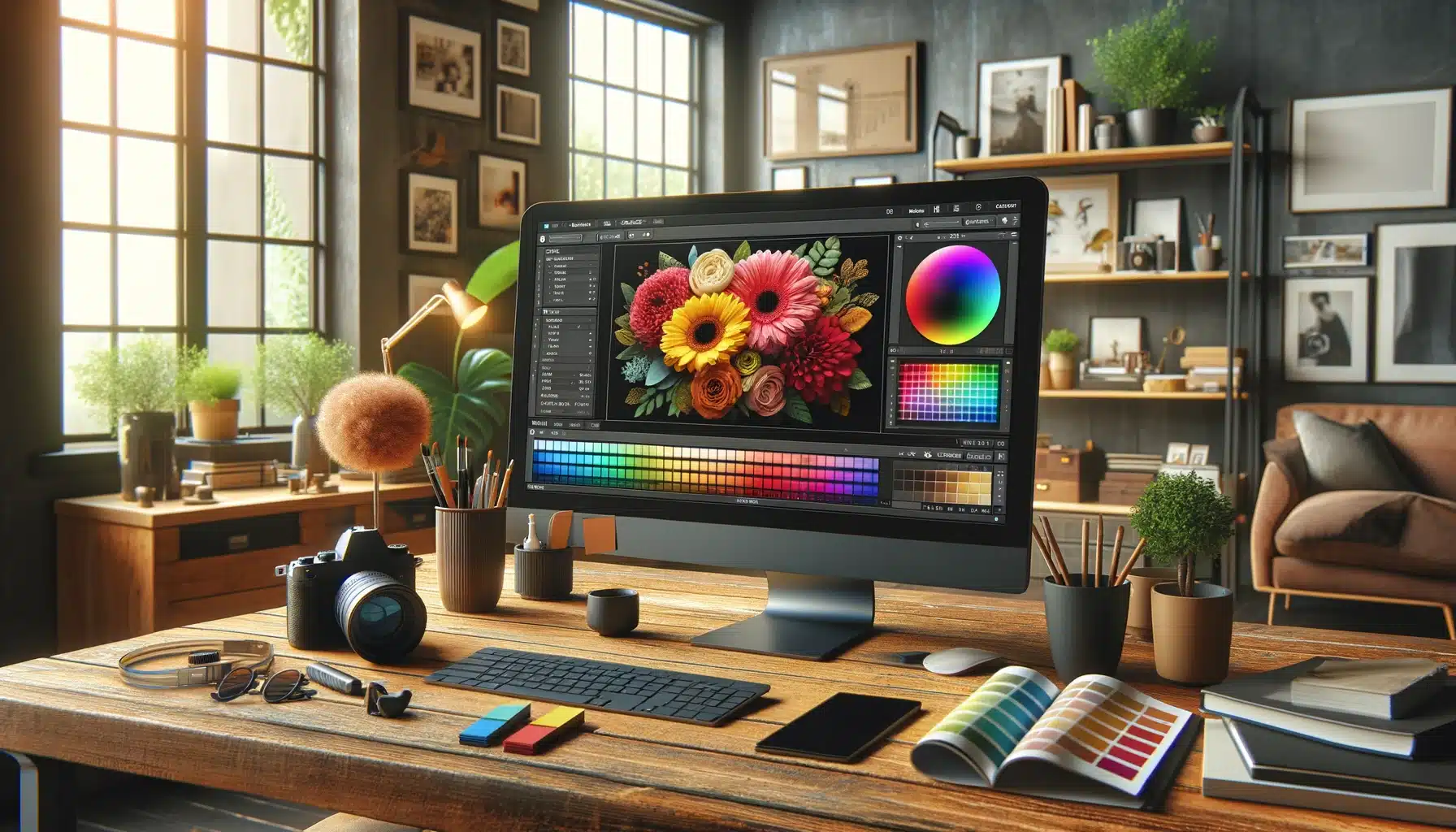 A modern desk setup with a high-resolution monitor displaying color space settings for vivid photos, surrounded by a camera, color swatches, coffee cup, and editing tools.