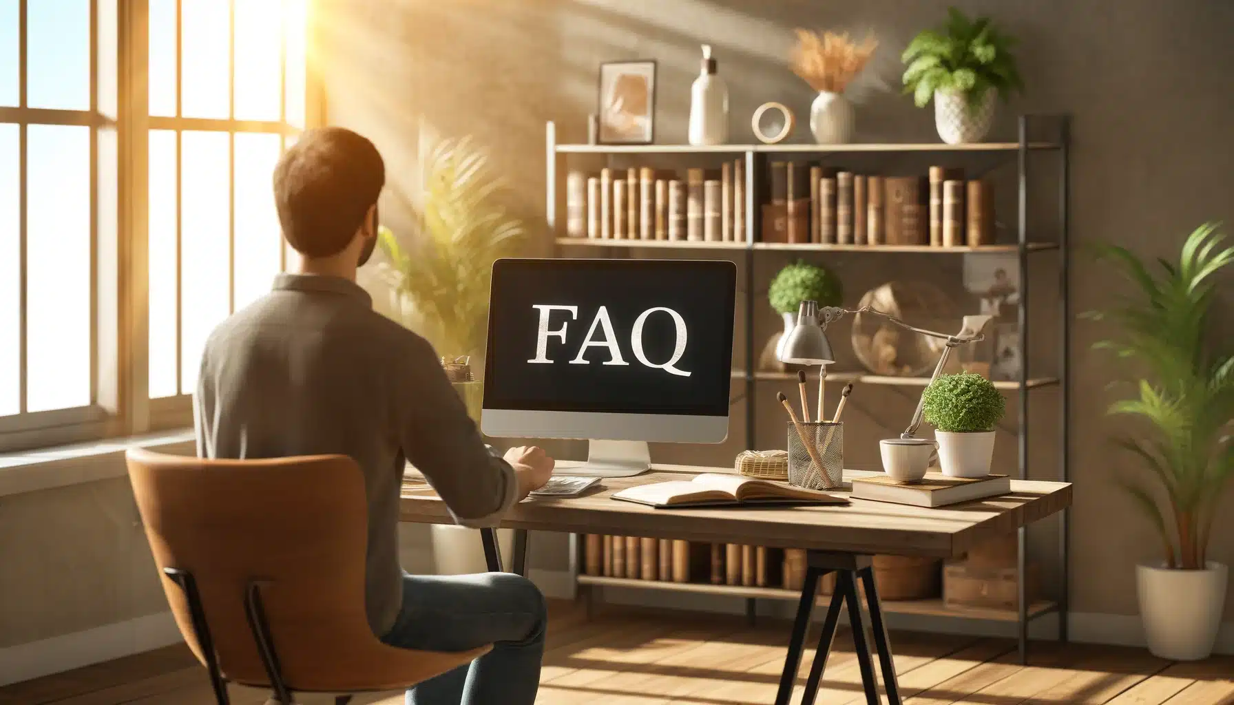 A person sitting on a chair looking at a laptop displaying 'FAQ' on the screen, surrounded by a notebook, pen, coffee cup, and plants in a well-lit modern workspace.