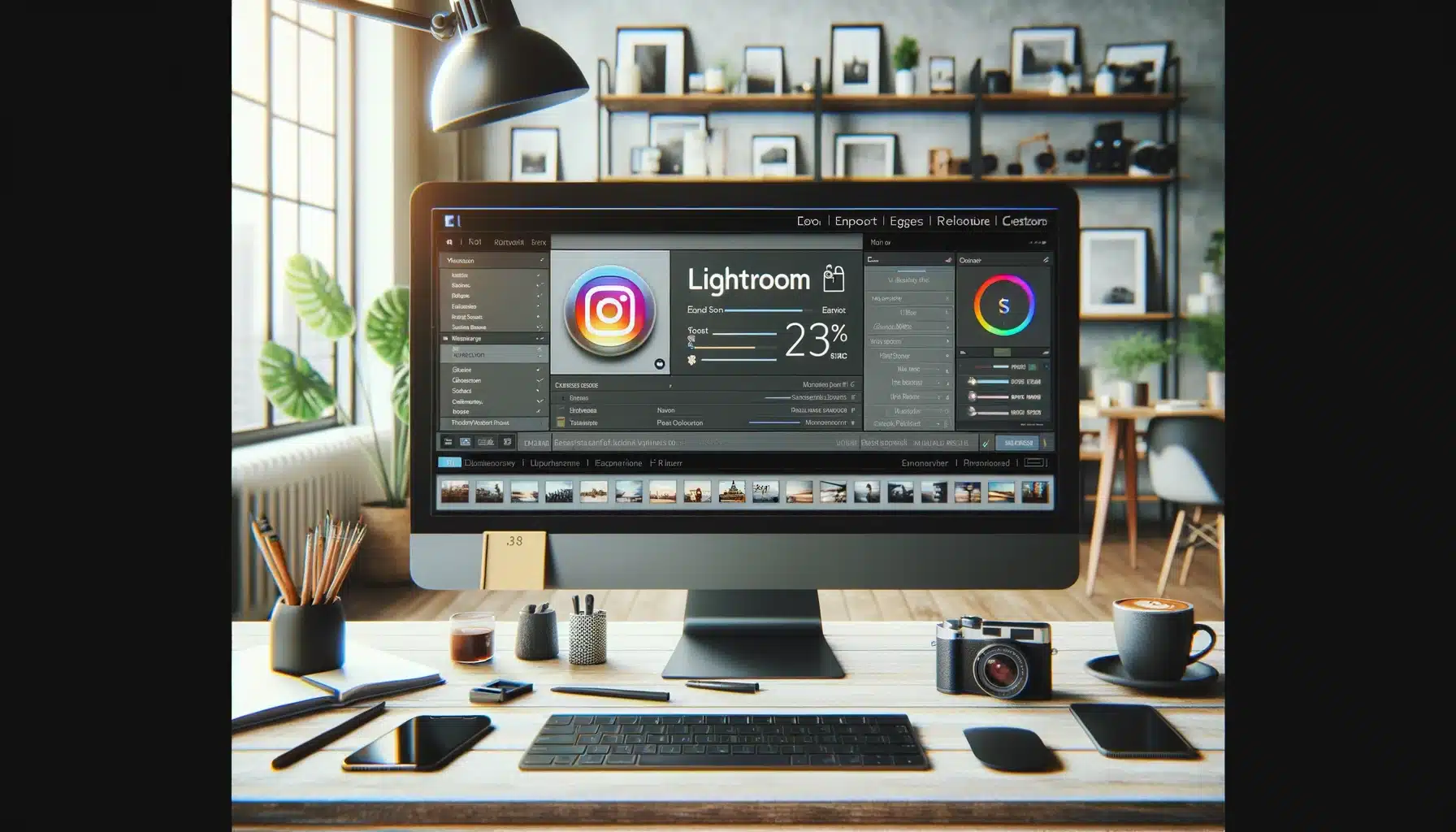 A modern desk setup with a high-resolution monitor displaying Lightroom export settings for Instagram, surrounded by a smartphone, coffee cup, and editing tools.