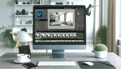 A modern desk setup with a high-resolution monitor displaying Lightroom export settings for Instagram, surrounded by a smartphone, coffee cup, and editing tools.
