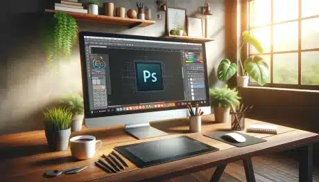 A modern workspace with a high-resolution monitor displaying Photoshop with the Quick Selection Tool active, surrounded by a graphic tablet, stylus, coffee cup, and plants.