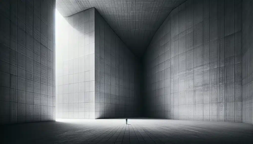 "Human figure against large architectural structure in monochrome"