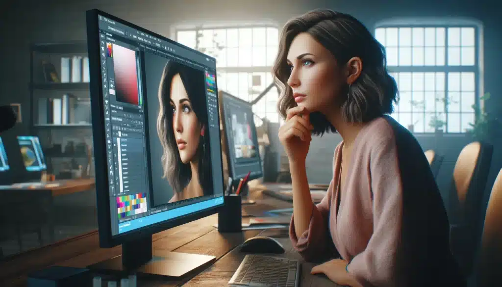 A graphic designer intently analyzing a monitor displaying two images in Photoshop: one pixelated and blurry, the other clear and enhanced, illustrating the challenges of image upscaling.