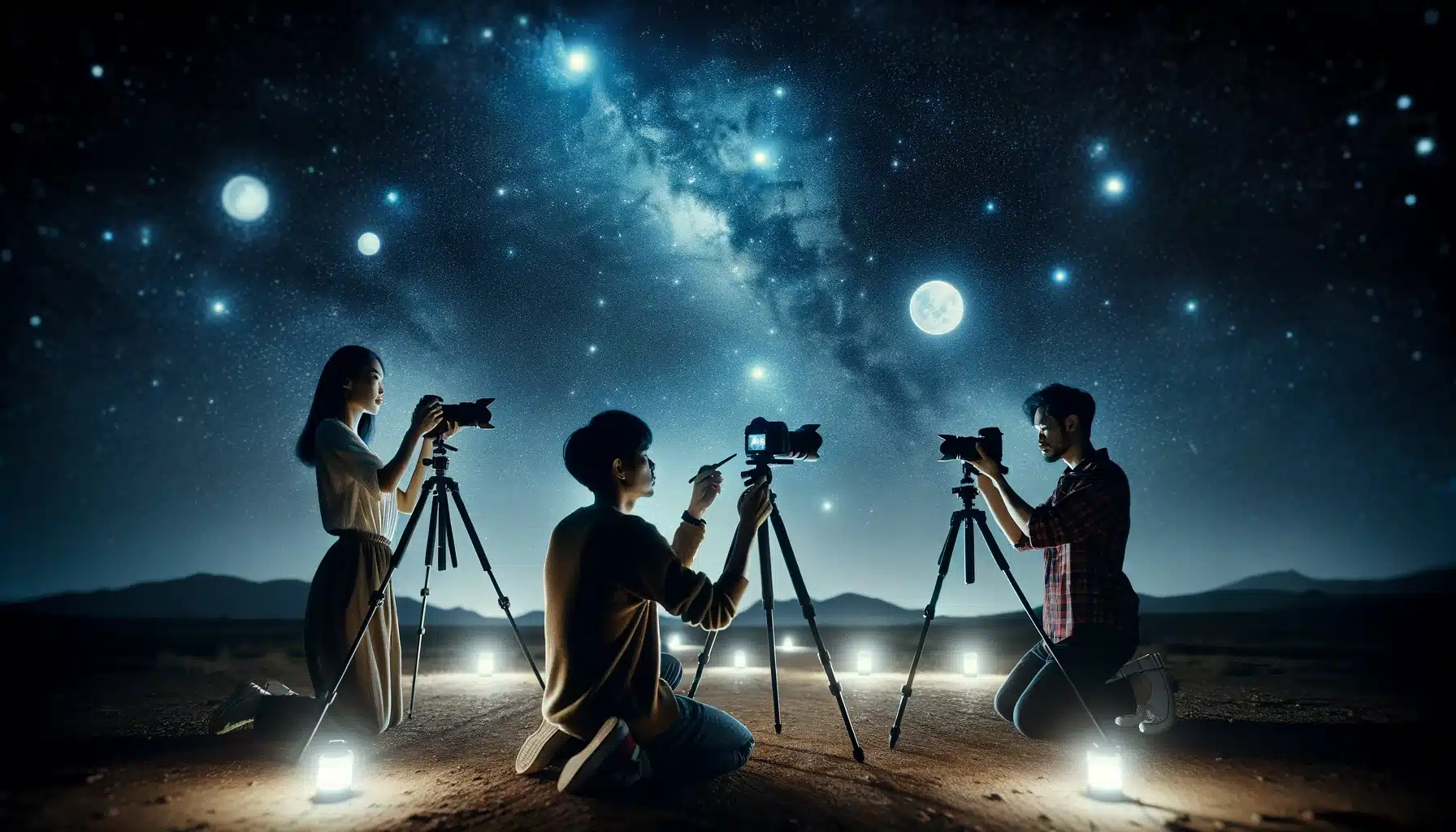 Three photographers— an Asian male, a Hispanic female, and a Middle Eastern male—set up tripods and cameras under a star-lit night sky, each capturing their own self-portraits, demonstrating diverse techniques and personal artistic expressions in a serene, remote setting.