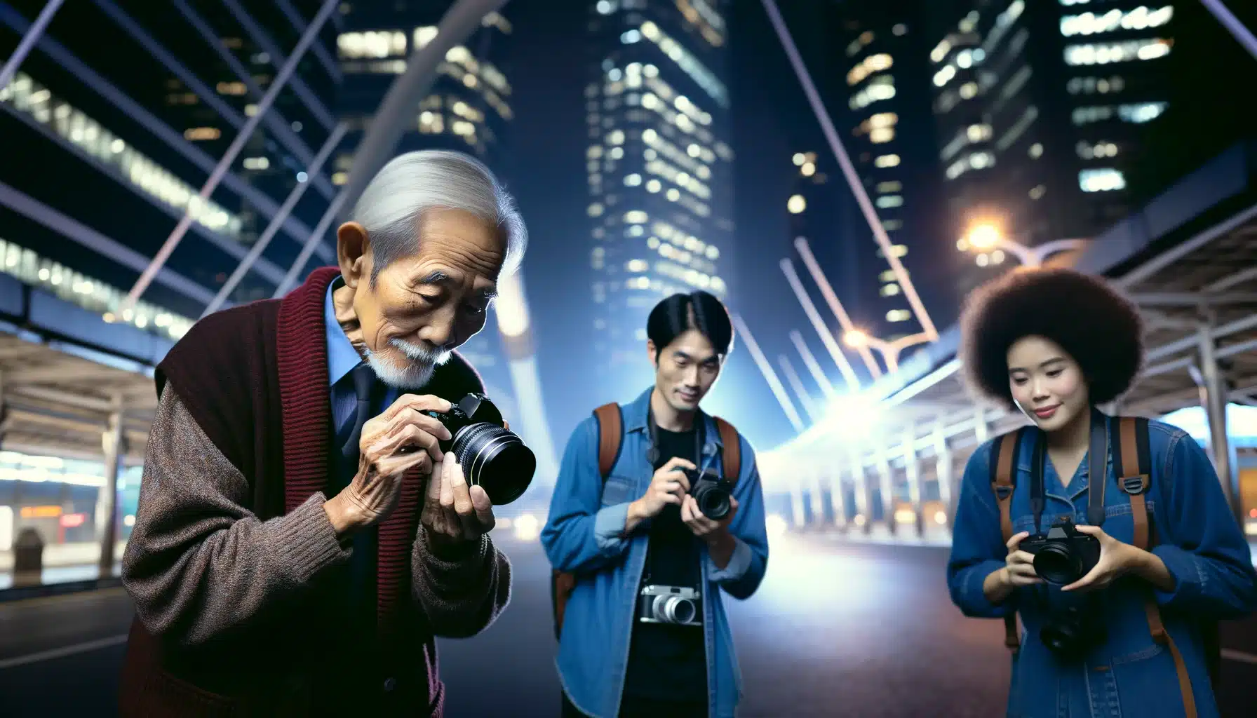 An elderly Asian male cleans a camera lens meticulously in a city at night while a Caucasian female and an African male photograph illuminated buildings, emphasizing the importance of clean camera lenses for sharp night photography.