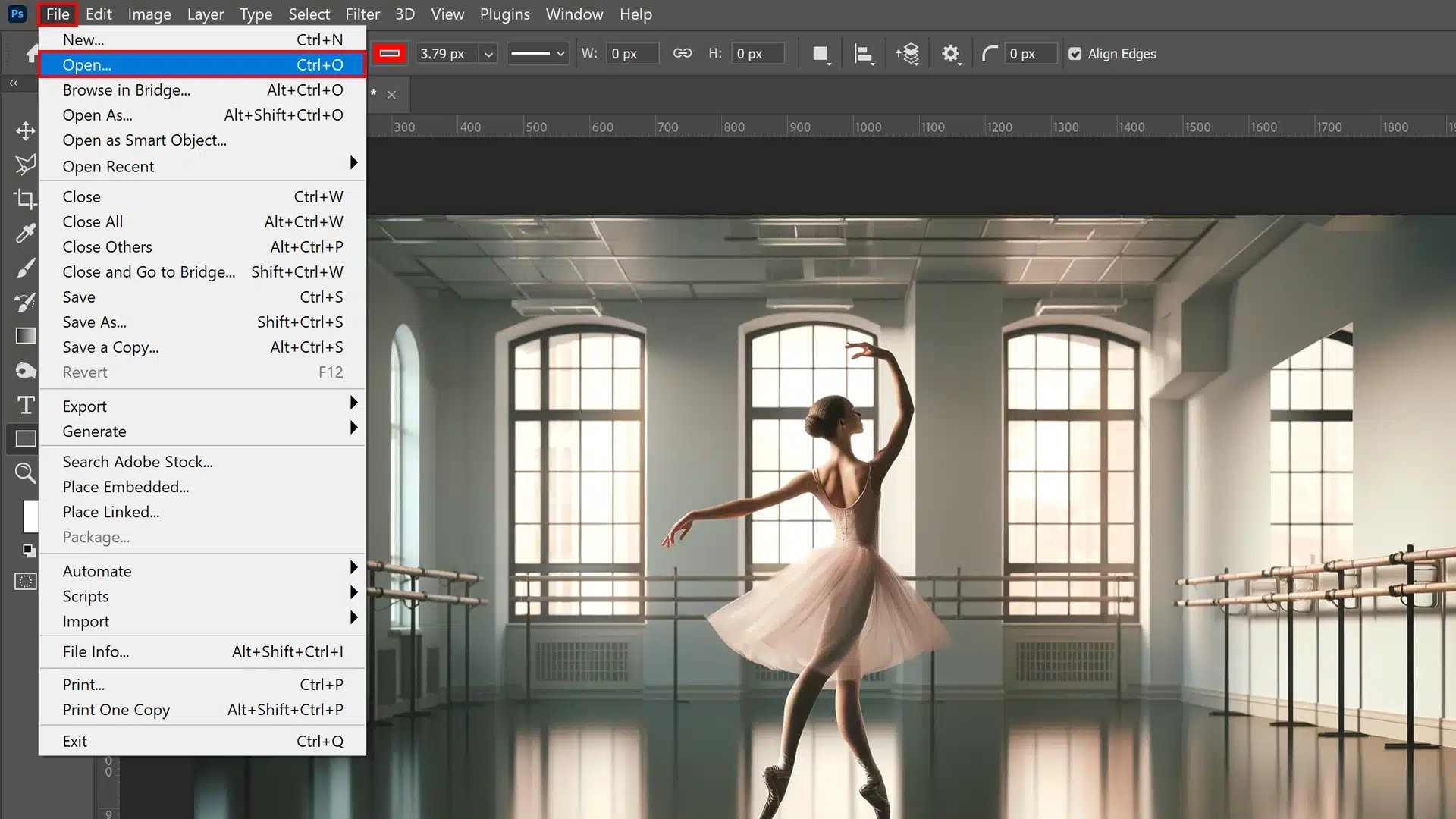 A photo of Adobe Photoshop with the File menu open and the "Open" option highlighted. The main workspace displays a photo of a ballerina dancing in a well-lit studio.