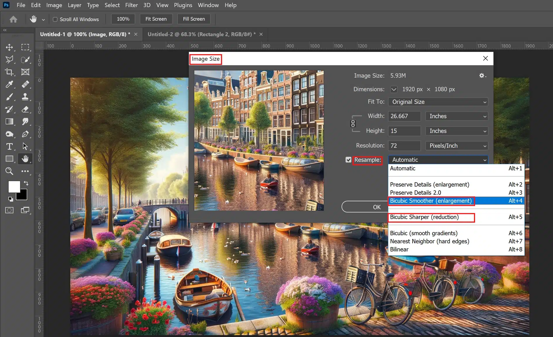 A detailed Photoshop interface displaying a stunning image of Amsterdam's canal, with an image resizing dialog box open showing various resampling options.