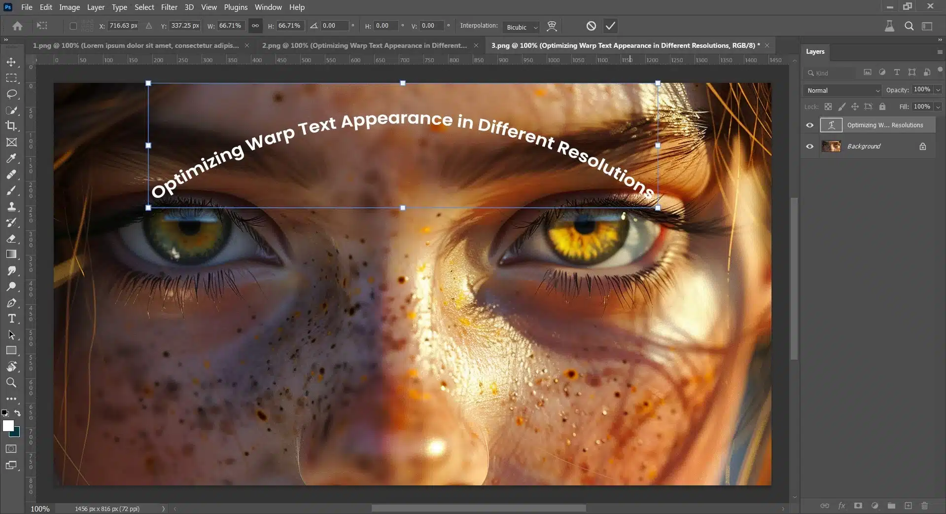 : Screenshot of a graphic design software interface showing the text "Optimizing Warp Text Appearance in Different Resolutions" being edited over an ultra-high-resolution image of a young girl's face, focusing closely on her eyes.