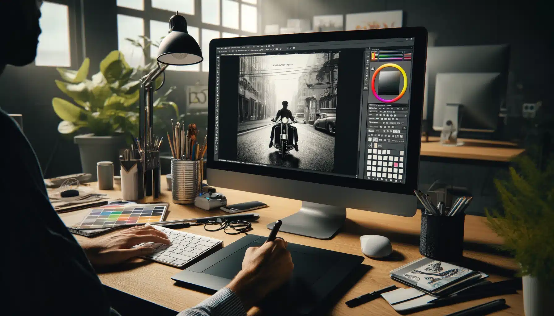 A graphic designer's workspace with a computer screen displaying a Photoshop interface colorizing a black and white photo, highlighting the use of actions and scripts.