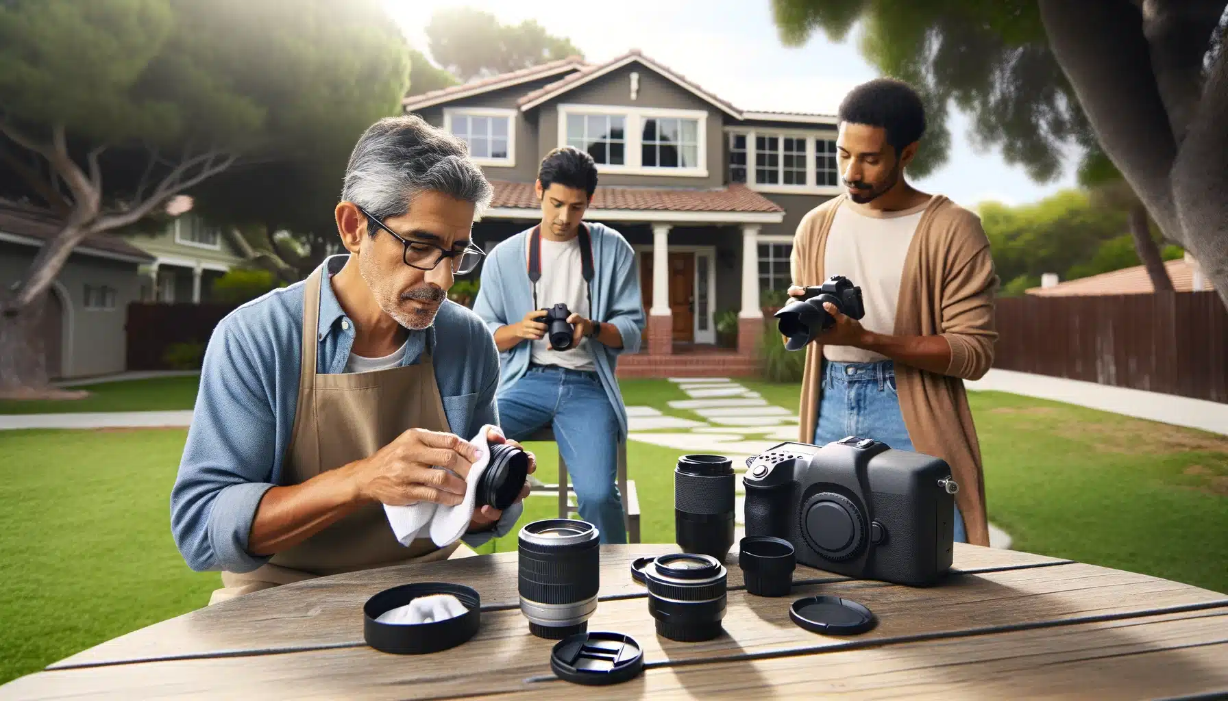 A middle-aged Hispanic male cleans a camera lens with precision in a suburban outdoor setting, while a young Caucasian male and an African female photograph the home's exterior and nature, highlighting effective lens cleaning techniques for spotless shooting.