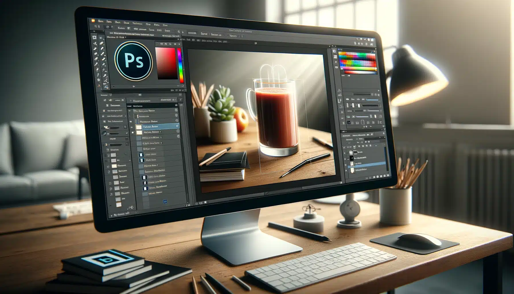 Photoshop interface showing an image of a product with the background blurred using the Tilt-Shift Blur tool