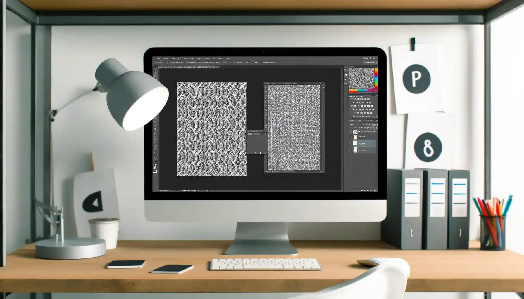 Designer experimenting with Photoshop patterns in a creative studio filled with design elements.