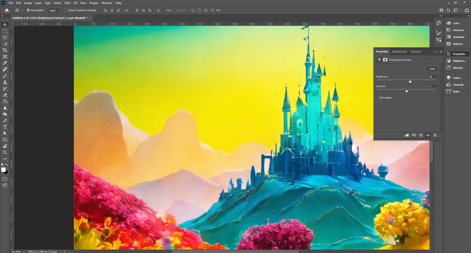 Screenshot of Photoshop with the Levels adjustment panel open, showing a vibrant, colorful castle against a bright, surreal landscape, demonstrating how to use Photoshop Levels to adjust brightness and contrast.