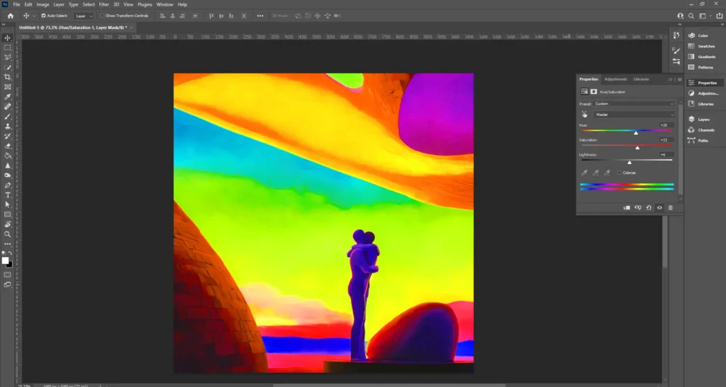 Screenshot showing how to access and use the Levels adjustment tool in Photoshop: The Hue/Saturation adjustment panel is open, with settings for modifying hue, saturation, and lightness visible. The image showcases a vibrant landscape with colorful abstract elements.