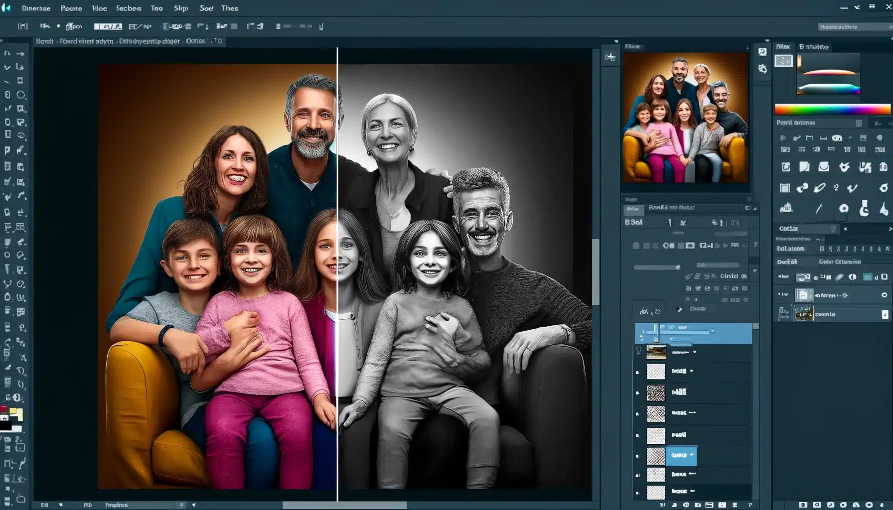 A highly realistic image of the Adobe Photoshop interface showing a family photo with five people, split into two halves. One half is in color and the other half is in black and white.